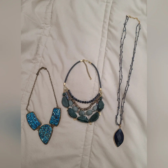 Jewelry - #45 set of 3 statement necklaces turquoise beaded chunky layered pendant blue